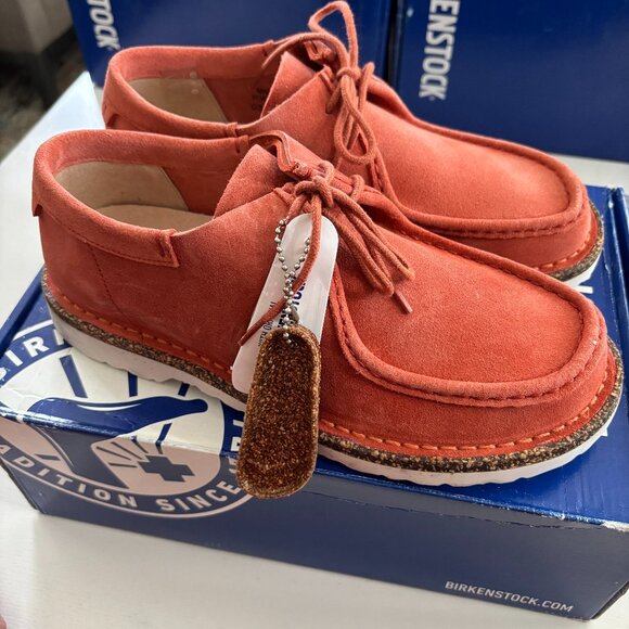 NIBBirkenstock Suede Delano Lace Up Shoe in Coral Narrow Size EU 38